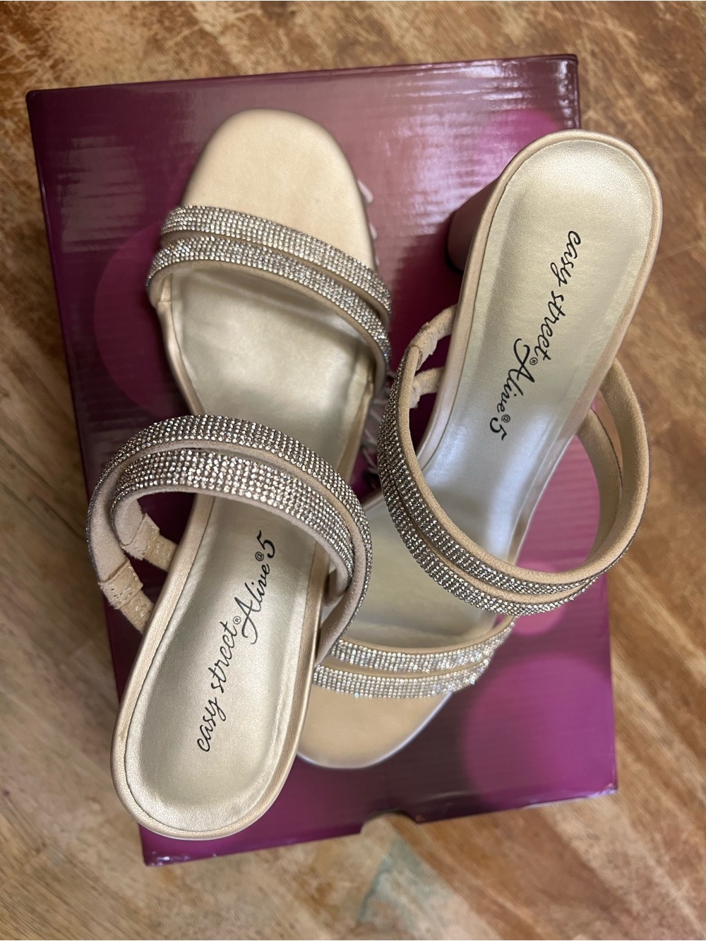 easy street Champagne Rhinestone Double-Strap Heels